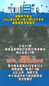 襄阳市气象台2022年06月27日07时58分发布暴雨橙色预警信号