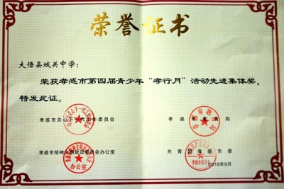 大悟县城关中学被授予第四届青少年“孝行月”活动先进集体
