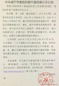 中共咸宁市委组织部干部任前公示公告