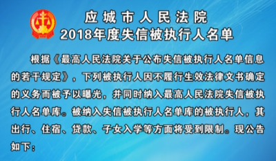 应城市人民法院2018年度失信被执行人名单