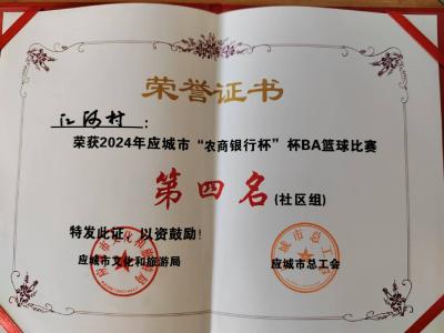 应城市天鹅镇江河村队荣获“农商银行杯”村BA篮球比赛社区组第四名