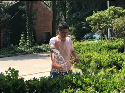 安陆市住房保障中心工作人员冒酷暑到公租房小区进行绿化养护