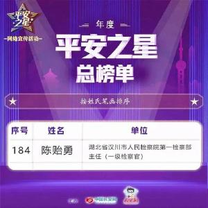 【检察院】喜报！汉川检察官陈贻勇入选全国年度“平安之星”