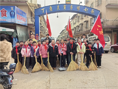 汉川市马口镇丁集学校开展学雷锋清扫街道活动