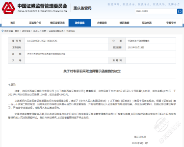西南证券董事韦思羽收警示函 