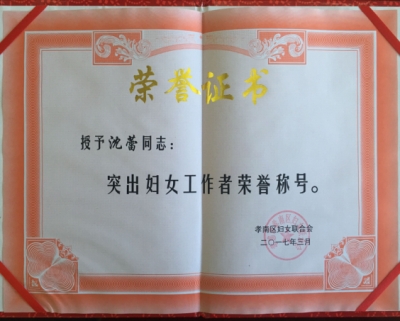  孝南区法院沈蕾同志被表彰为区“突出妇女工作者”