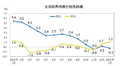 国家统计局：2021年1月份CPI同比下降0.3%
