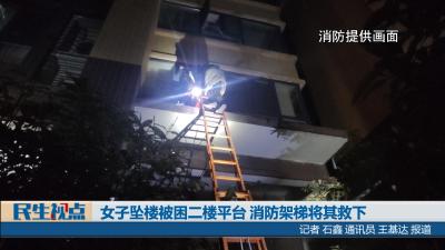 【民生视点】女子坠楼被困二楼平台 消防架梯将其救下