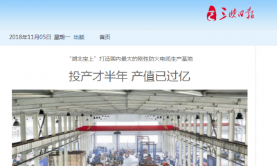 三峡日报：“湖北宝上”打造国内最大的刚性防火电缆生产基地

投产才半年 产值已过亿