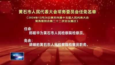 黄石市人民代表大会常务委员会任免名单（2024年12月26日黄石市第十五届人民代表大会常务委员会第二十二次会议通过）