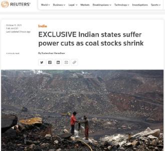 印度面临电力危机：严重缺煤燃料短缺 首都恐断电