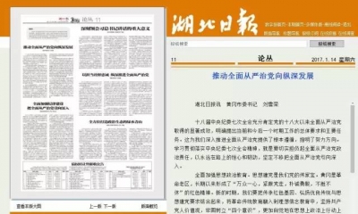 《湖北日报》刊登市委书记刘雪荣同志署名文章：推动全面从严治党向纵深发展