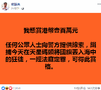 全国政协副主席梁振英：悬赏百万，缉捕侮辱国旗暴徒