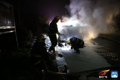 罗田：轿车行驶途中突然起火 消防紧急施救