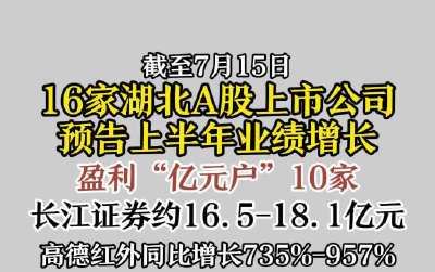 16家湖北A股上市公司预告“半年报”：长江证券最赚钱