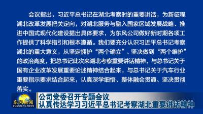 公司党委召开专题会议
认真传达学习习近平总书记考察湖北重要讲话精神
