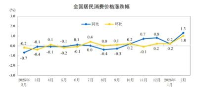 国家统计局：2月份居民消费价格同比上涨1.3% 